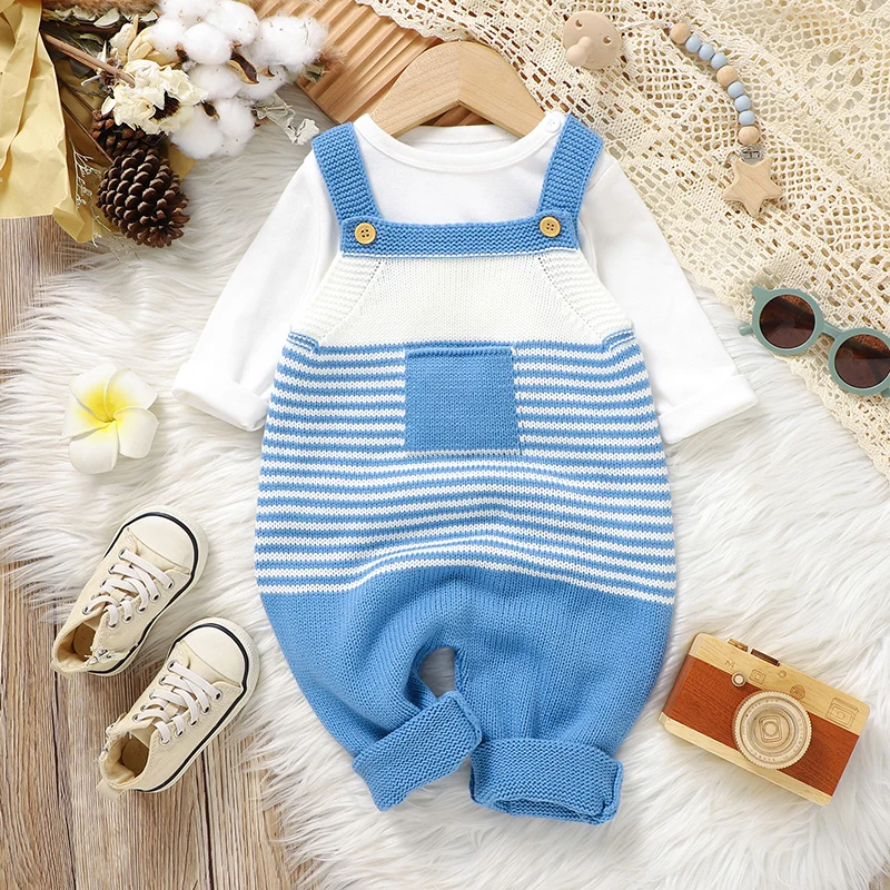 Blue Baby Rompers Clothes Casual Sleeveless Knitted Newborn Boys Girls Strap Jumpsuits 0-18m One Pieces Infant Toddler Playsuits