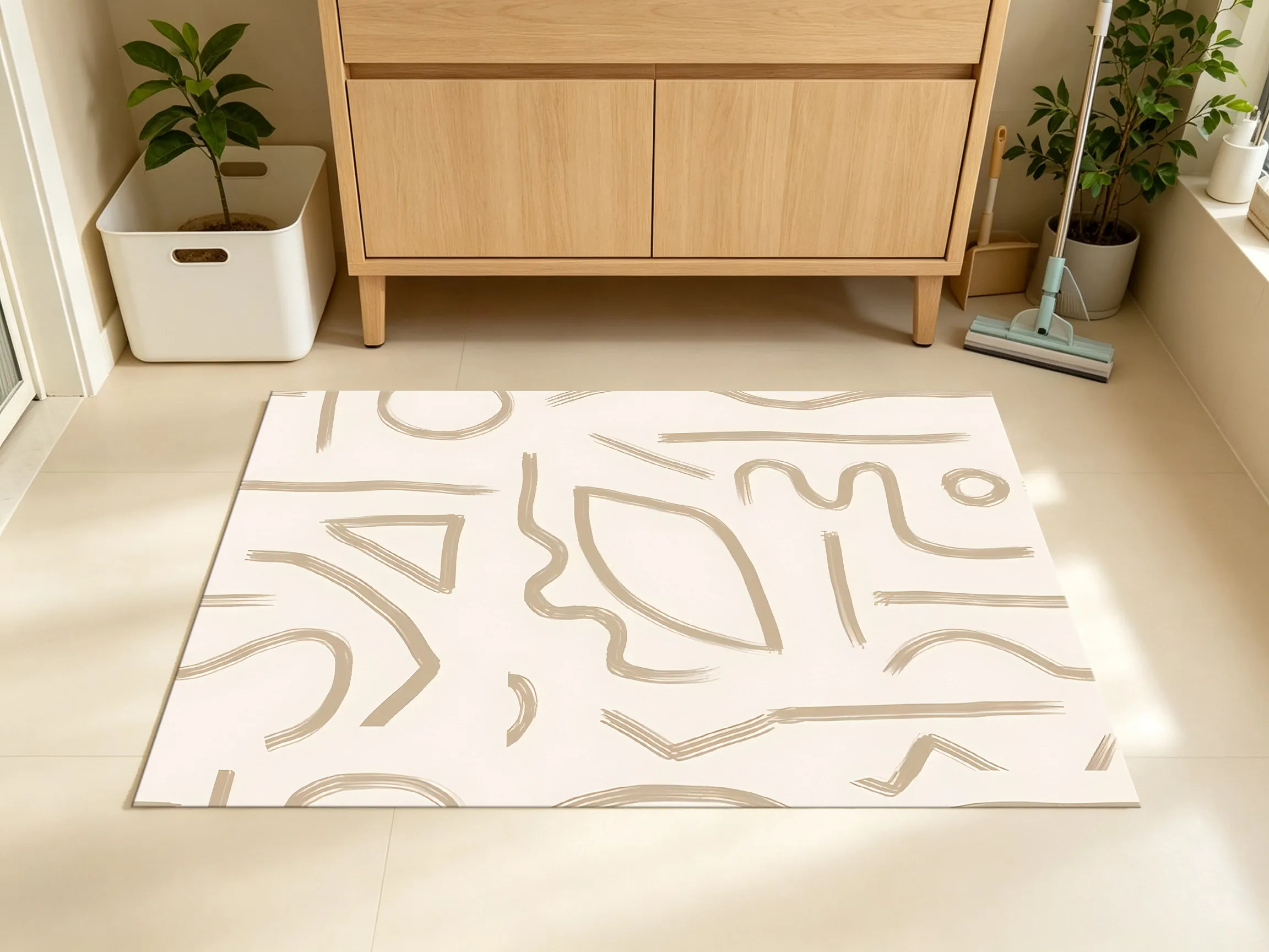 2D Large Carpet, Milky Coffee Abstract Simple Line Pattern, Fresh Creamy Style, Living Room & Bedroom