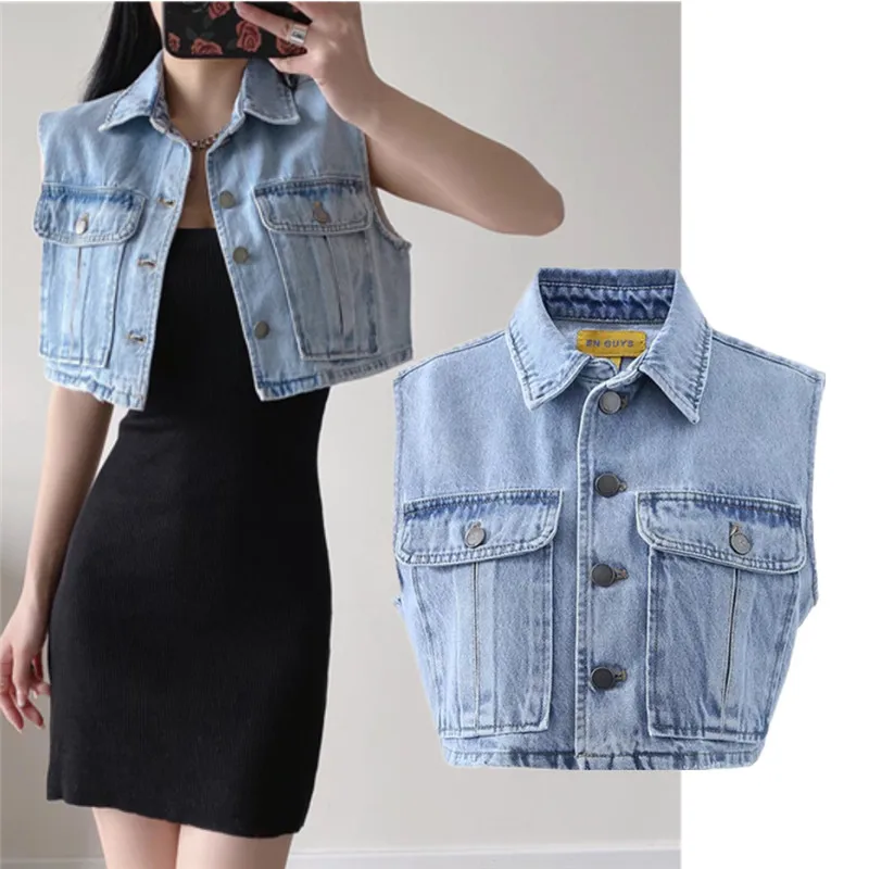 

American Retro Collared ort Svel Fitted Denim Open Cardigan Women's Vest Street Sle Pure Color Autumn Faion
