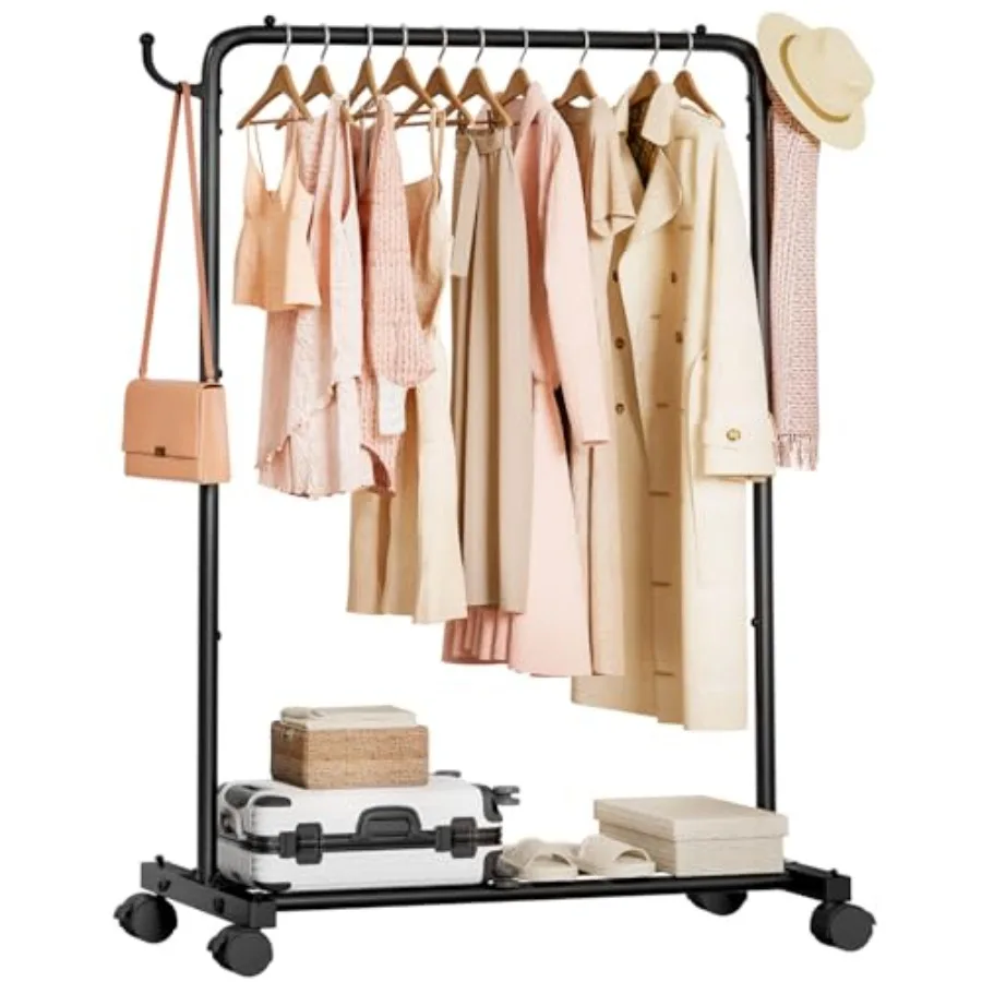 

Rolling Clothes Rack with Hooks: Standing Garment Storage for Indoor - Hanging Rod for Bedroom Laundry Room - Coat Dress Organi