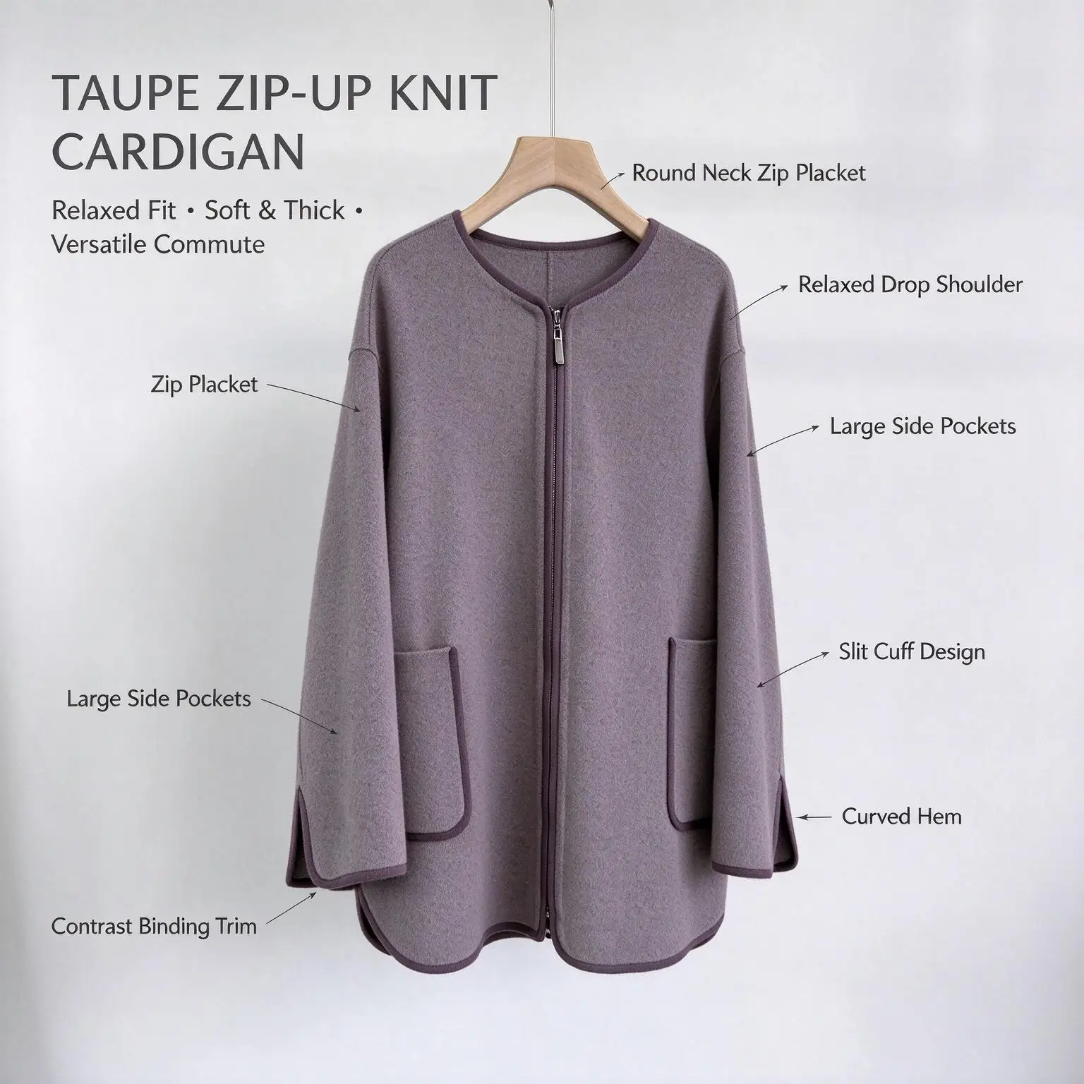 Women Round Neck Zip Knit Coat Loose Mid Length Cardigan With Pockets