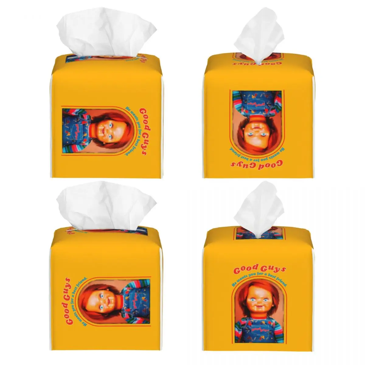 Custom Chucky Retro Movies Tissue Box Cover for Bathroom Home Child's Play Chucky Square PU Leather Facial Tissue Box Holder