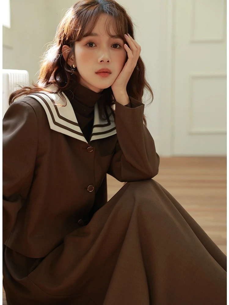 Elegant Brown Blazer Jacket Vintage School Style Outerwear High Waist Slim Fit Cropped Coat Women Autumn Winter Casual Fashion