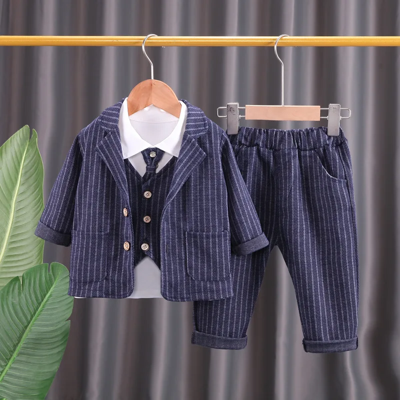 Boys' Suit 2026 Spring and Autumn New Children's Wear Boys' Baby Western Style Vertical Tie British Style Suit Three-piece Set