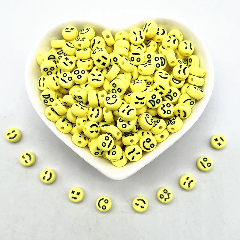 100pcs 7x4mm Oval Shape Smiling Face Emoticons Beads Acrylic Loose Spacer Beads for Jewelry Making DIY Bracelet Accessories