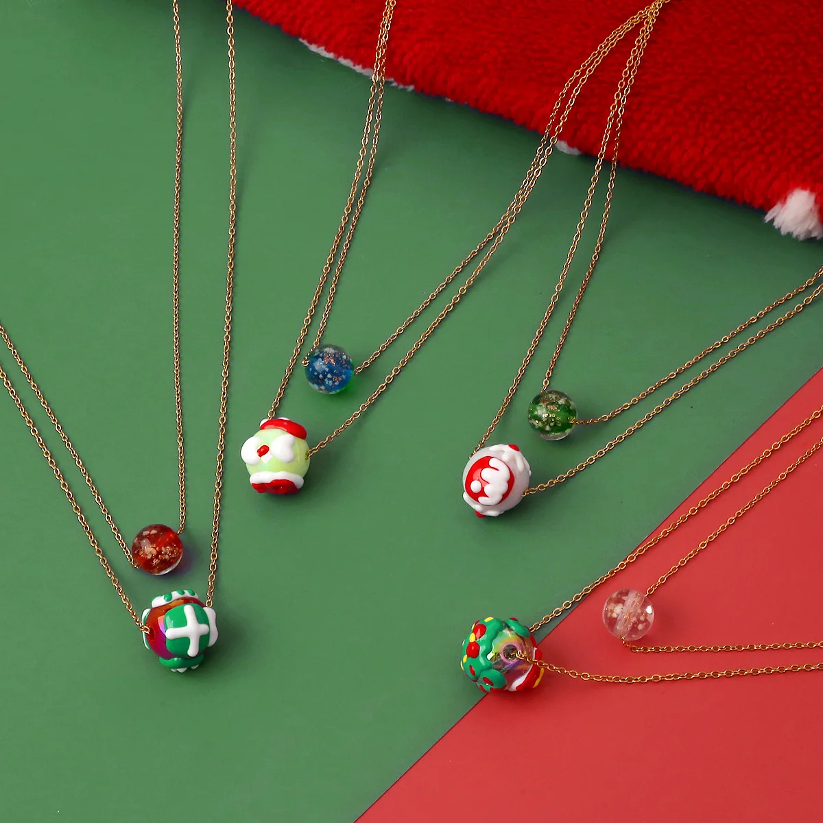 Fun and Cute Style Gold Color Titanium Steel Multi Colored Drip Glue Round Bead Necklace UNISEX Snowy Atmosphere Party Necklace