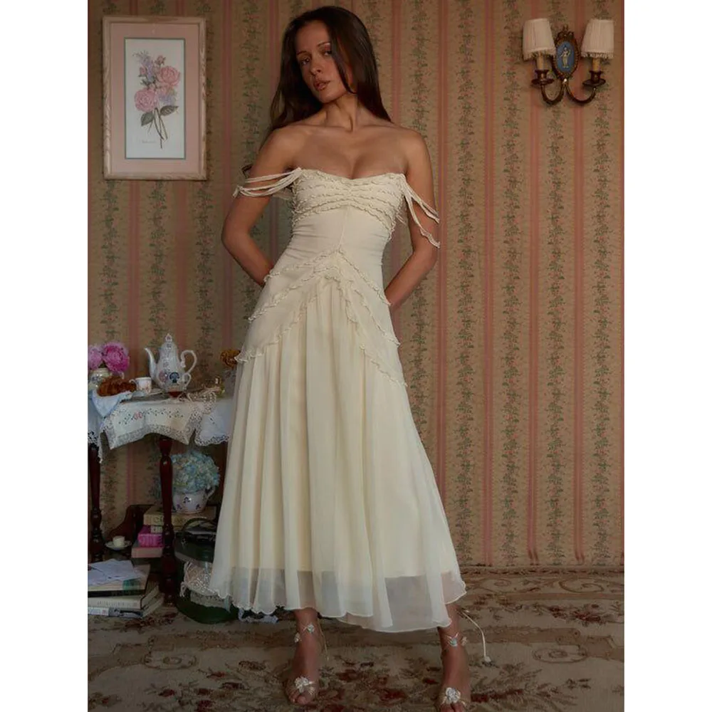 

Pretty White Wedding Dresses Off The Shoulder A Line Sleeveless Banquet Celebrity Female Gowns Classic Prom Party Pleat Elegant