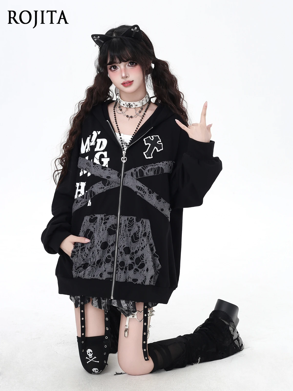 

Fashion Loose Hoodies Subculture Hooded Distressed Loose Sweatshirt Jacket Women Autumn Winter Zipper Cat Zip Up Hoodie