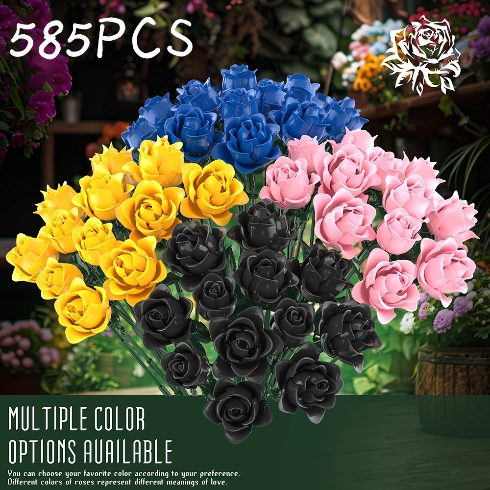 

Pink Blue Yellow Black Rose Building Blocks Valentine's Day 585 PCS Flower Bricks Kids DIY Bouquet Toys Romantic Gift Home Decor