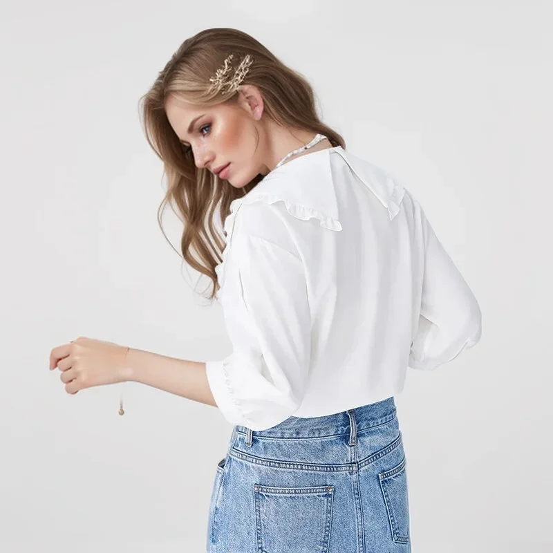 Semir Women Shirt 2024 New Middle-sleeve Shirt Easy-care White Gentle Stringy Selvedge Large Lapel Collar Clothes Shirt