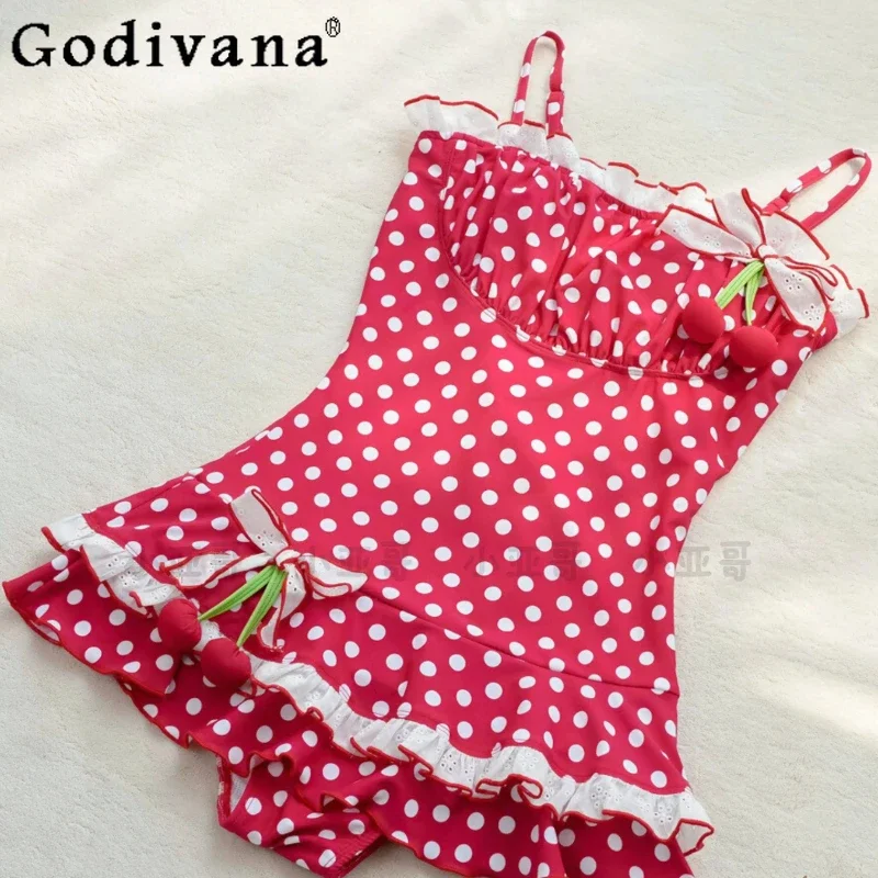 Sweet Cute Girls Polka Dot Print One Piece Swimsuit Women Summer Kawaii Bow Pendant Double Layer Puffy Swimwear Y2k Bathing Suit