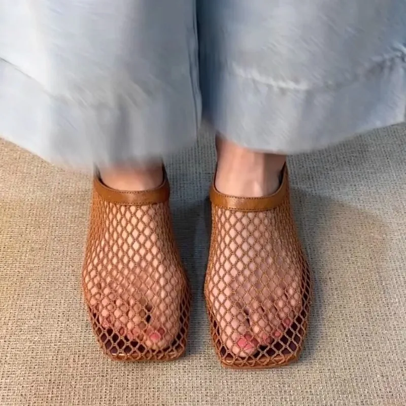 NEW Breathable Mesh Square Toe Med Heels Footwear Summer Dance Party Shoes Elegant Office Lady Dating Brand Women Pumps