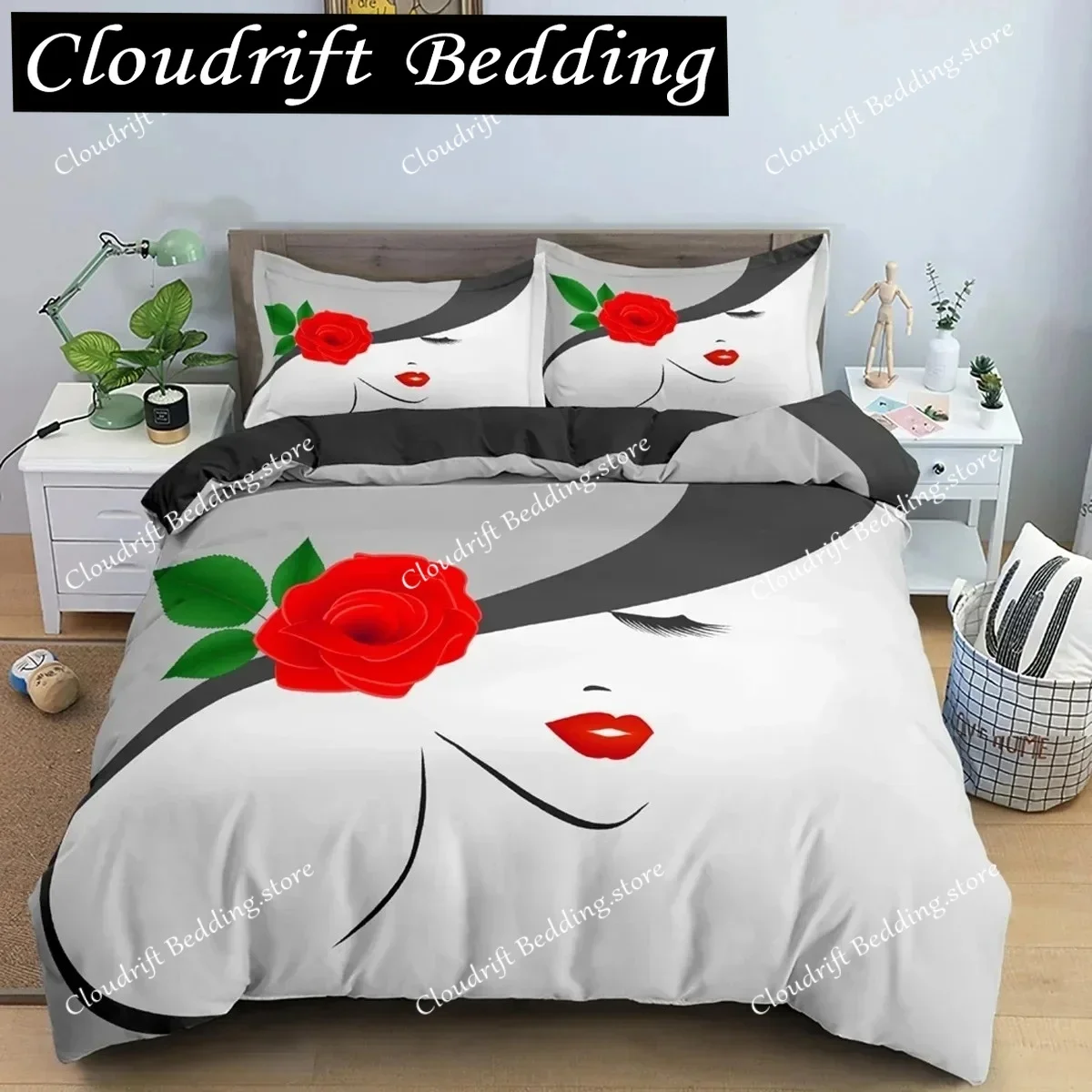 3D Hand-drawn Woman Portrait Duvet Cover Set Microfiber Black And White Floral Background Bedding Set For Girls 3pcs Quilt Cover