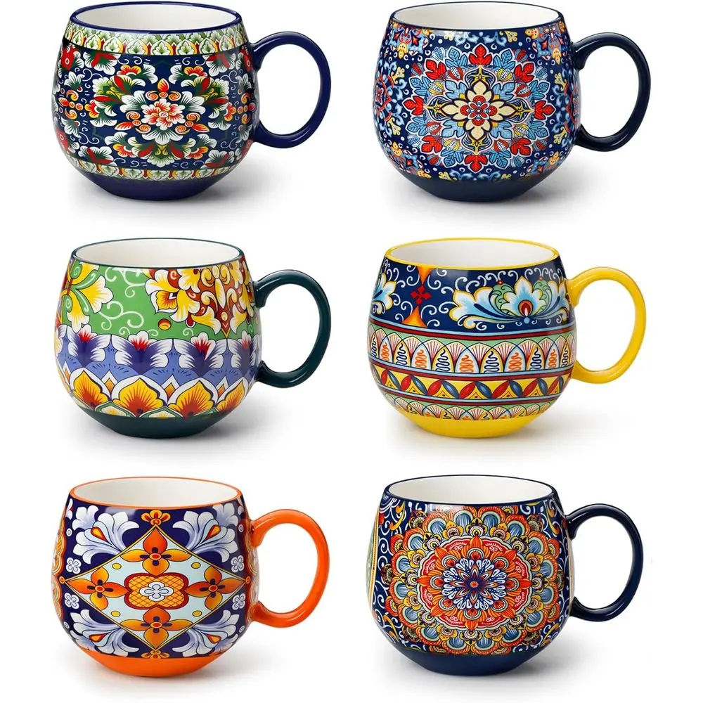 

Set of 6, 18oz Porcelain Coffee Cups, Suitable for Espresso, Latte, Microwave and Dishwasher Safe, Colorful Boho Style Mugs