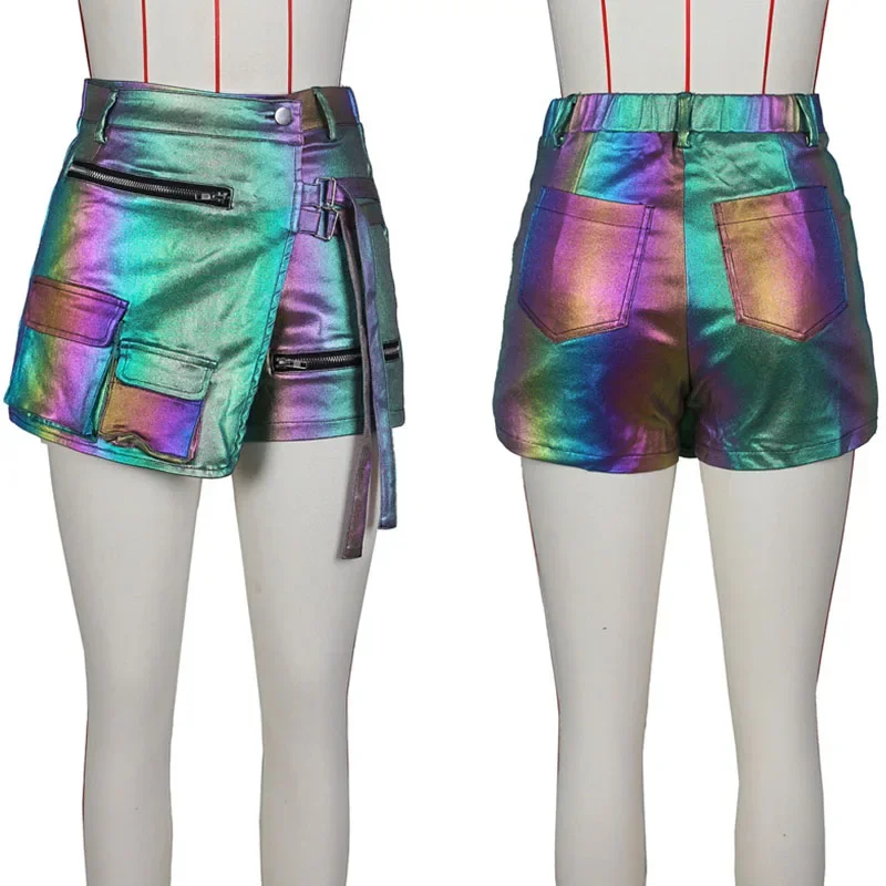 Shiny Metallic Irregular Shorts Skirts Women Y2K Clothing High Waist Button Fly Pockets Zipper Party Club Birthday Short Mujer