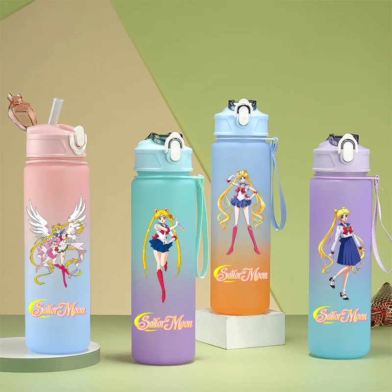 Sailor Moon dibujos animados 750ml gran capacidad Color degradado taza con pajita de plástico portátil deportes al aire libre vasos para beber para niños regalos