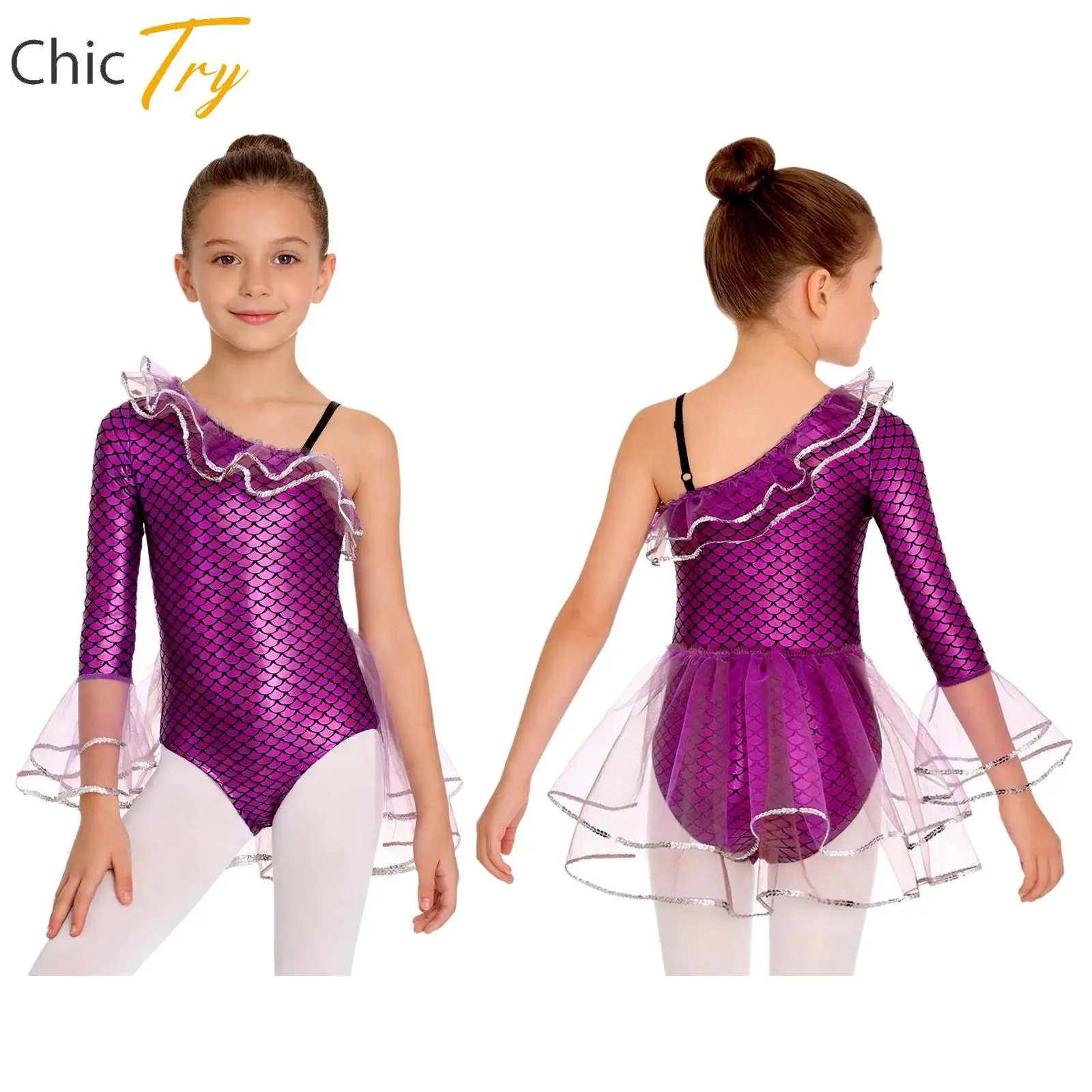 

Костюм русалки для девочек, стильный костюм с правой сеткой и расклешенными манжетами, балетный танцевальный купальник, цельный купальник для Хэллоуина, карнавала, вечеринки