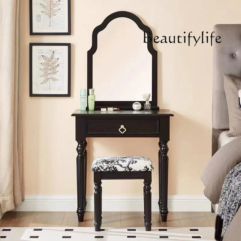 French retro black dresser American all-solid wood home bedroom European small apartment makeup table integrated light luxury