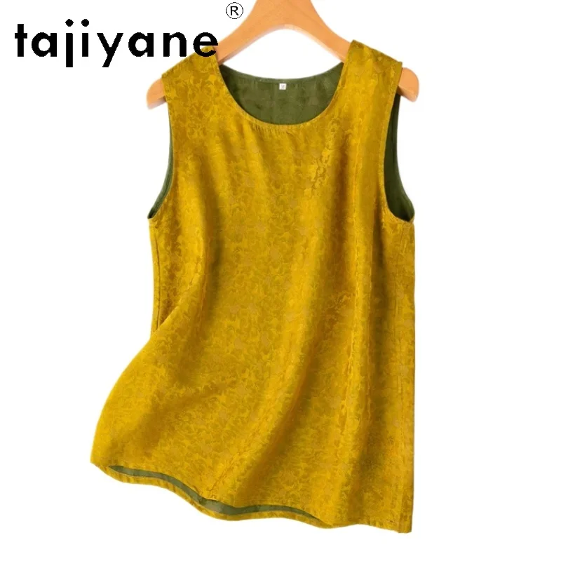 TAJIYANE 100% Mulberry Silk Tank Tops Woman 2025 Vintage Jacquard Sleeveless Summer Top Reversible Vest Ladies Clothes кроп топ