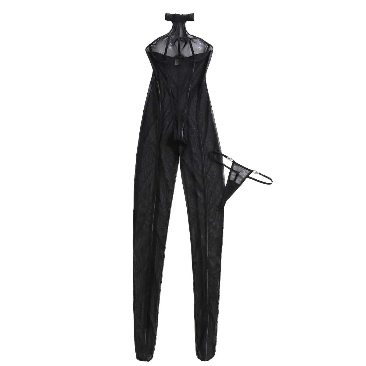 Lencería Sexy Porno, mono sin mangas con cuello Halter a rayas exclusivas, conjunto de 2 piezas, Tanga con cierre de Metal, mono transparente sin espalda