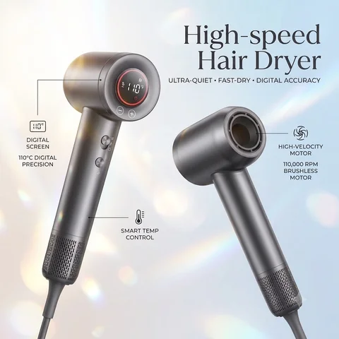 High-speed Hair Dryer 110000RPM, Low-noise Brushless Motor, 5-speed Control with Magnetic Diffuser and Nozzle, Suitable for Travel Salon, Ideal Gift for Women