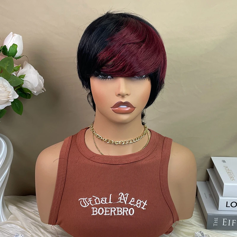 Short Pixie Cut Wigs Human Hair Brazilian Remy Hair 1B/99J Pixie Cut Wig Human Hair Fashion Full Machine Made Wig With Bang On Sale