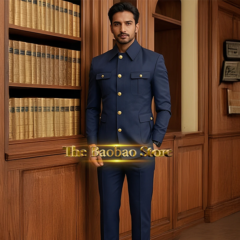 Mens Navy Blue Suit 2 Piece Suit Jacket Pants Set Formal Male Safari Outfit for Wedding Party Celebration Prom Evening Events