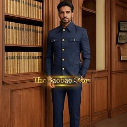 Mens Navy Blue Suit 2 Piece Suit Jacket Pants Set Formal Male Safari Outfit for Wedding Party Celebration Prom Evening Events