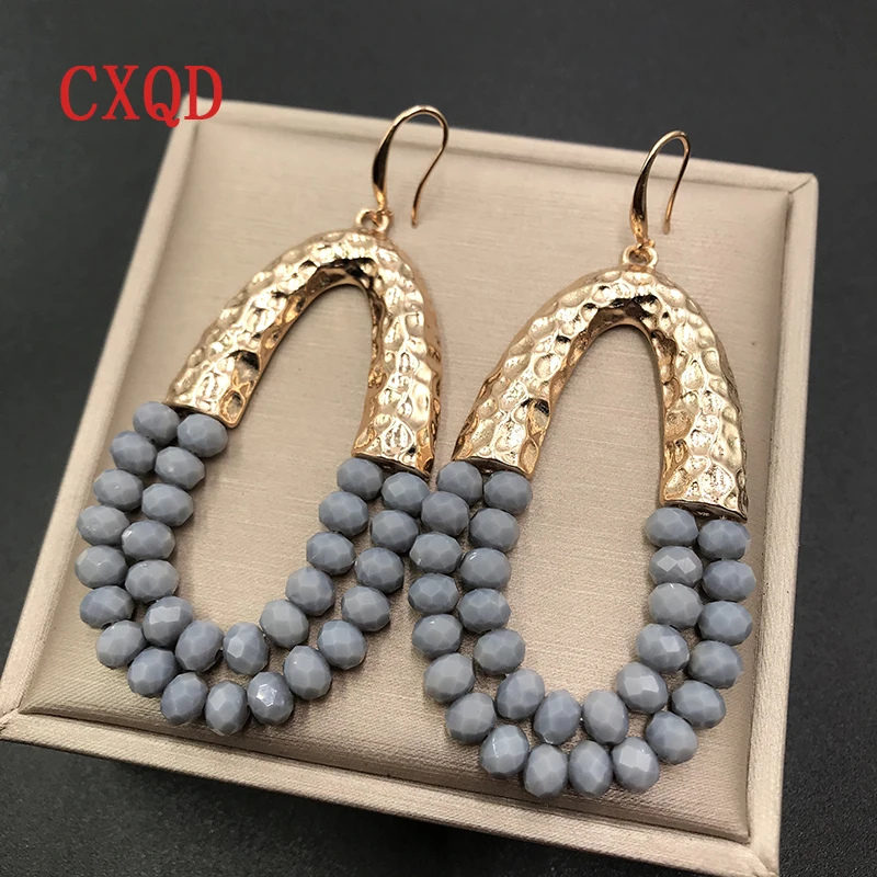 Original Big Long Oval Handmade Beads Glass Exaggerated Simple Geometric Metal Earrings for Women Party Jewelry Accessories Gift