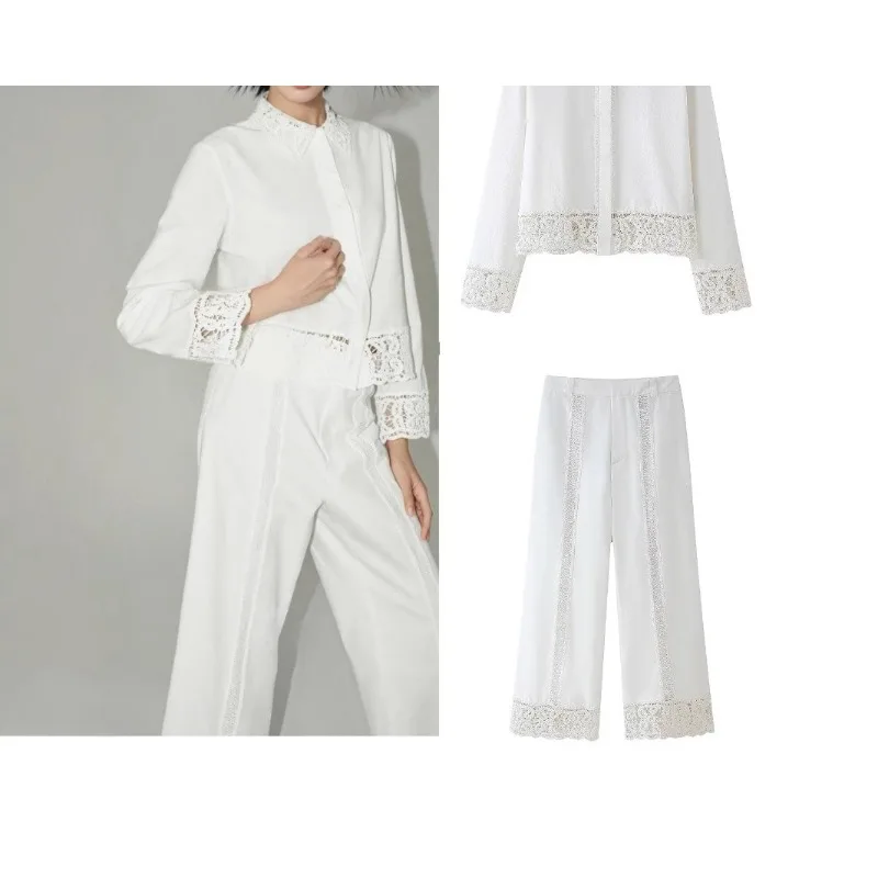 2025 Fashion Lace Hollow Suit Women's Lapel Shirt Middle Waist Straight Pants