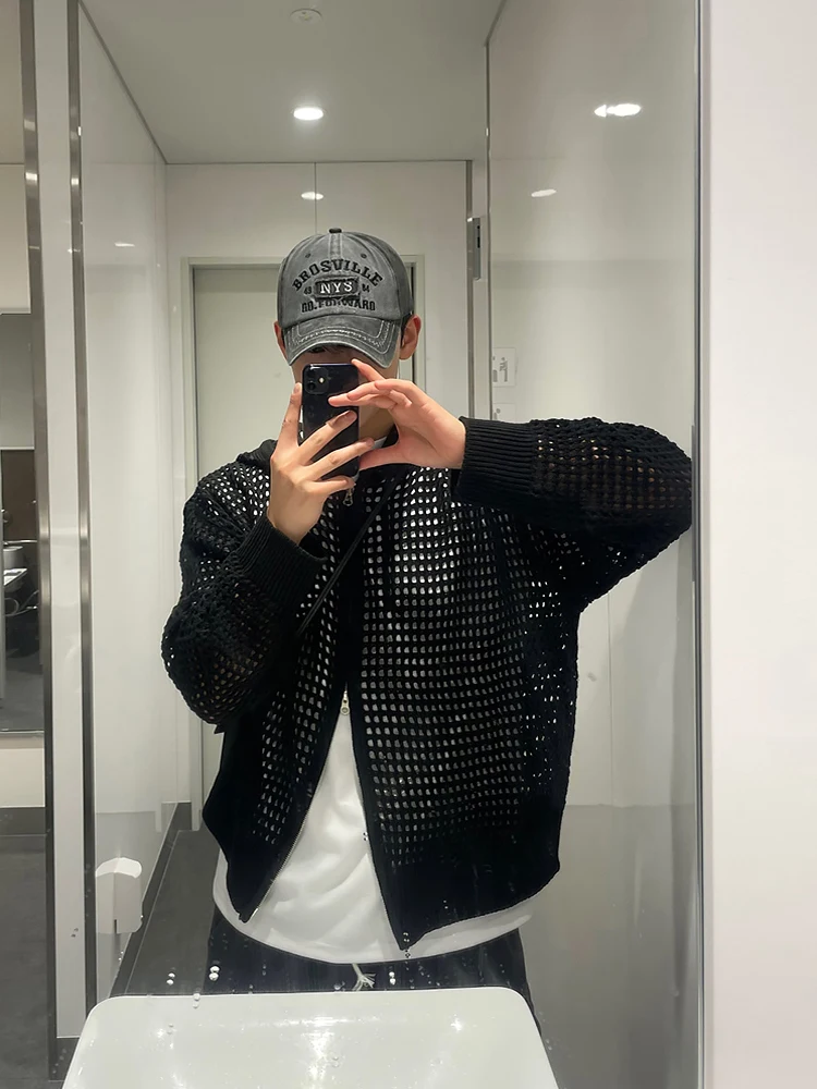 

Trendy Knitted Hat Jaet Hollow Me Long Sve Thin Design Men's Faion Sun Protection Clothing Urban Sle Cool Wind