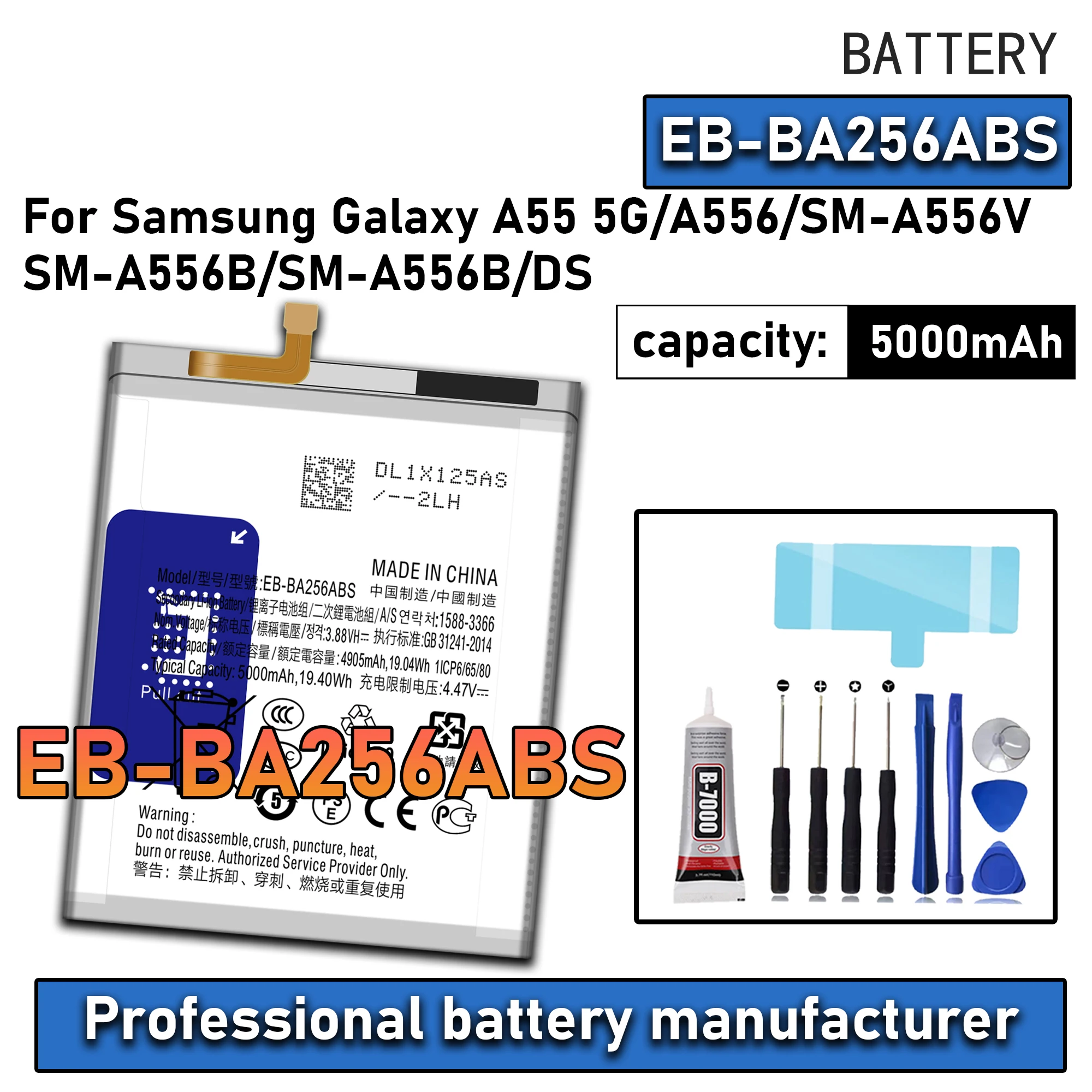 100% New Zero Cycle EB-BA256ABS Battery For Samsung Galaxy A55 5G/A556/SM-A556V/SM-A556B Phone Replacement Bateria +Free Tools
