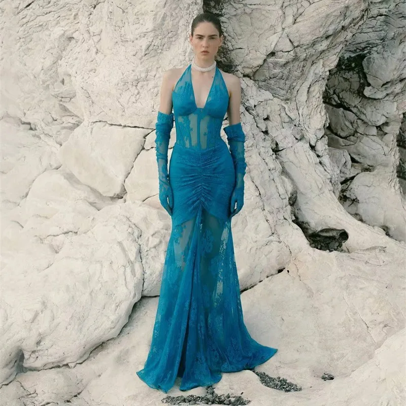 

New Arrival Women's Fashionable Sleeveless Peacock Blue Sheer Lace Halter Dress Elegant High-Class Evening Performance Gown