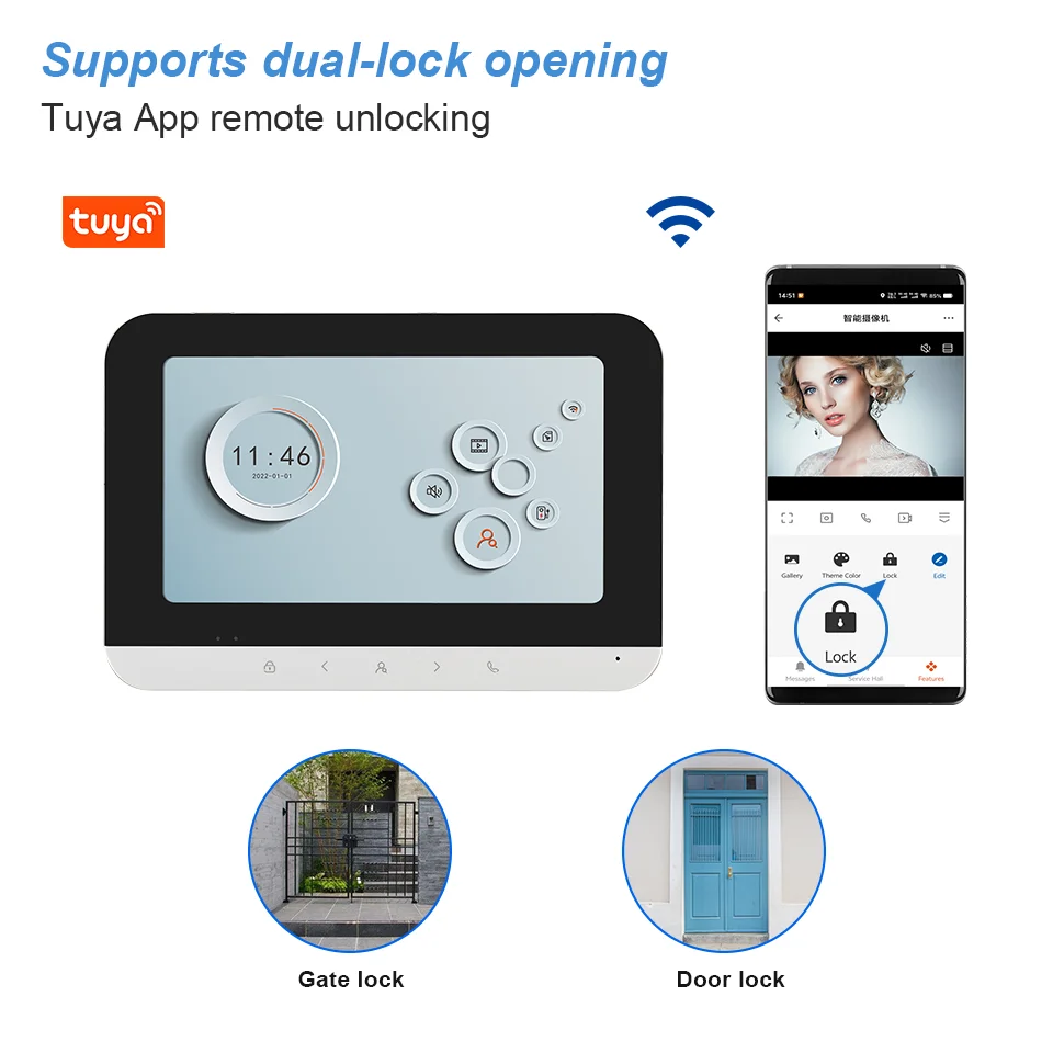Tuya Wifi ビデオインターホン 1/2ユニットアパート用 7インチタッチキー 4線ケーブル接続カメラ付き