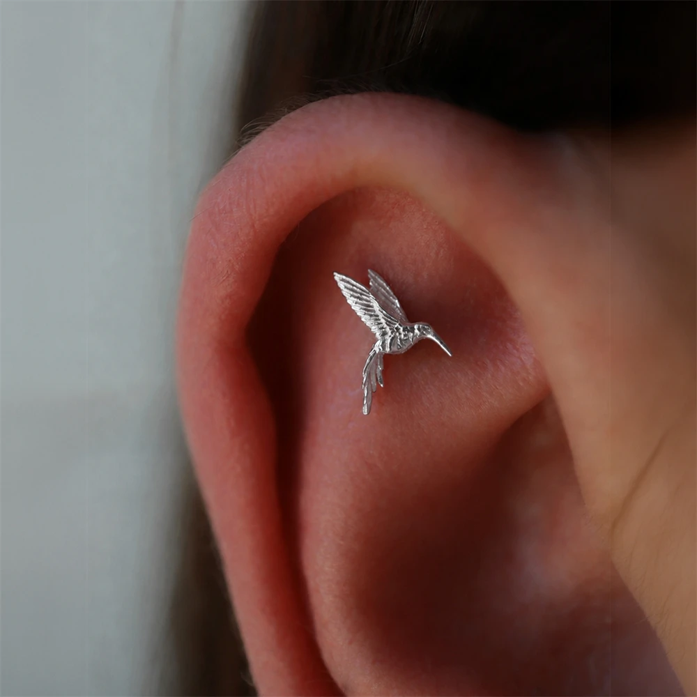 AIDE 1pc 925 Sterling Silver Smooth Flying Dragon Seahorse Women's Cartilage Helix Piercing Earrings Fun Cute Animals