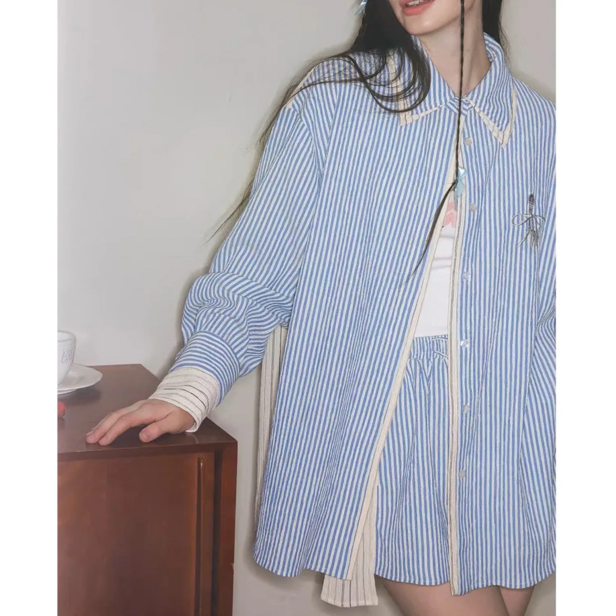 

2025 New Vintage Striped Shirt Casual Loose Shorts Set