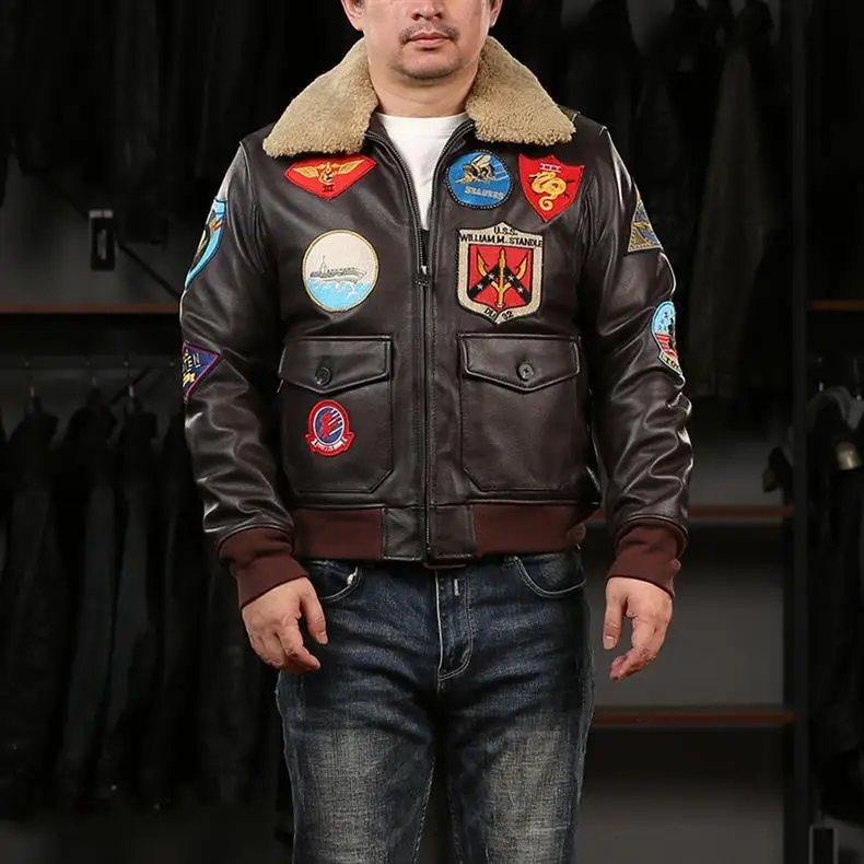 2024 New Men TOP GUN Pilot Genuine Leather Jacket Fashion 17 mark G1 pilot jacket Wool Collar Cowhide Winter Coats