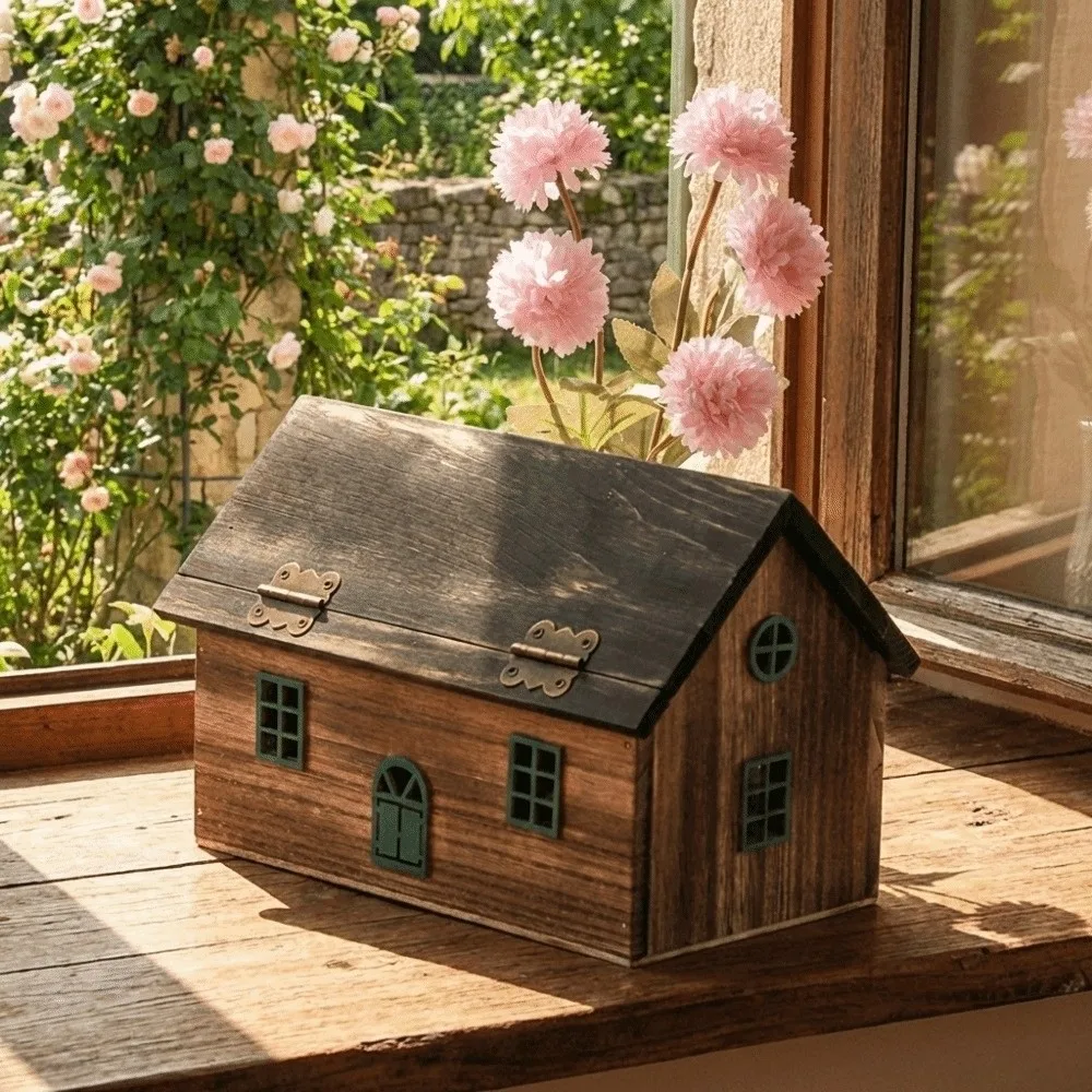 

Retro Wooden House Tissue Box Handmade Decorative Solid Wood Paper Box Waterproof Simple Storage Box Home Decoration