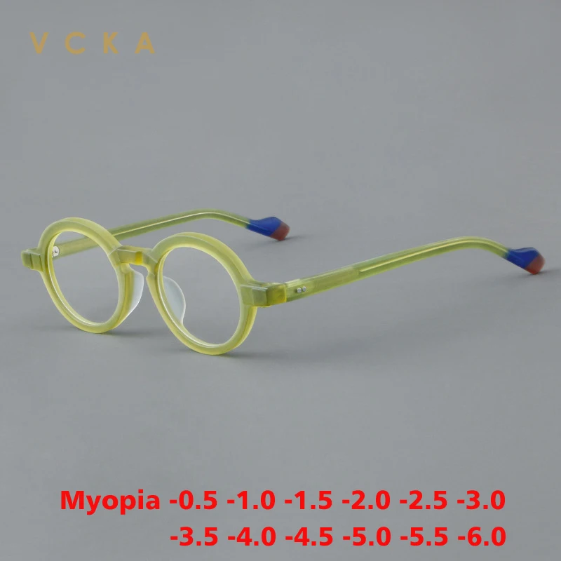 VCKA Men Small Round Acetate Myopia Eyeglass Scrub Frame Women Fashion Vintage Optical Prescription Glasses -0.50 to -6.0