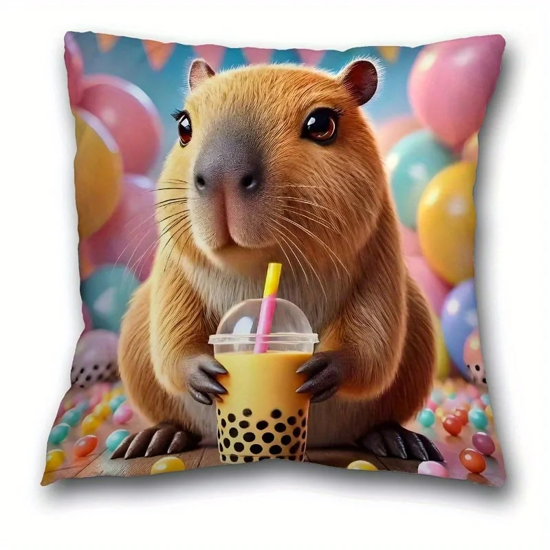 1PC Capybara Bubble Tea Cushion Cover, Bohemian Style Zippered Pillowcase, Soft Print, Machine Washable for Living Room Bedroom