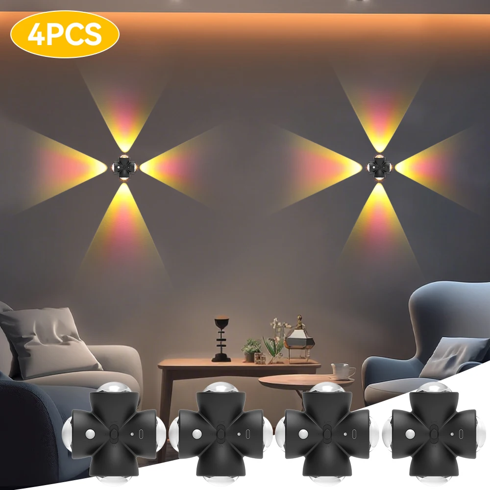 1/2/4PC USB Charging RGB LED Night Lights with Motion Sensor Smart Human Body Sensing Wall Lamp for Bedroom Stairs Hallway Decor