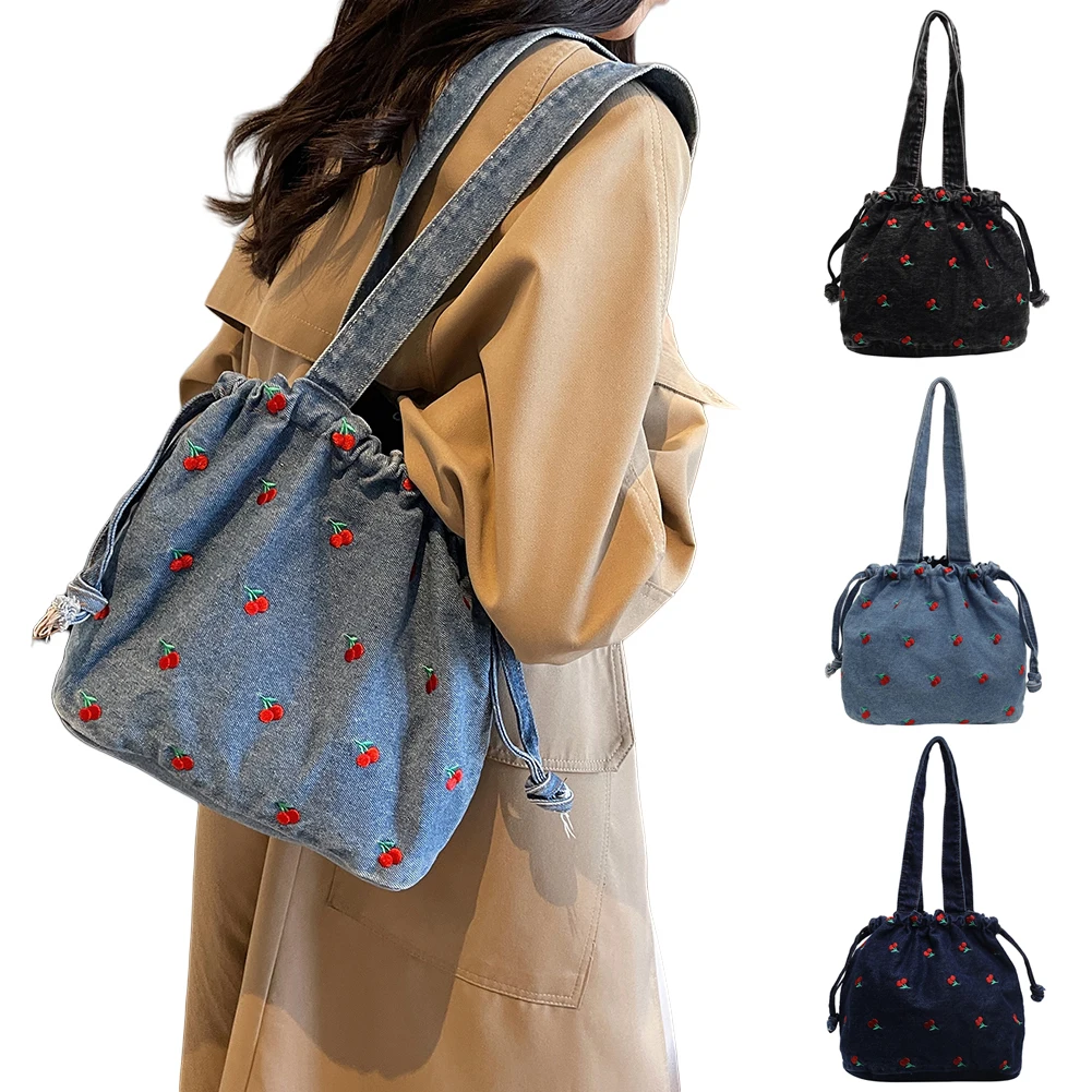 Women Denim Shoulder Bag Embroidered Cherry Handbags Drawstring Tote Bags Jean Hobo Bag Commuting