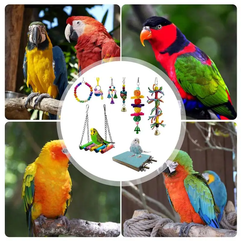 BIRD Chew ของเล่น Foraging Shredder ชุดของเล่น 8 ชิ้นหลากสี Parrot CAGE กัดของเล่น Parakeet ธรรมชาติของเล่นบันไดปีนเขานกแก้ว