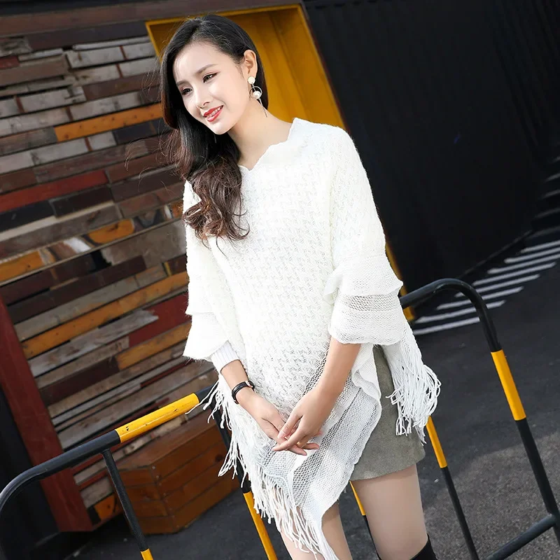 Spring Autumn New Knitted Cloak Coat Female Tassel Loose Thick Pullover Lazy Sweater Smock Shawl Women Fashion Accessories Navy