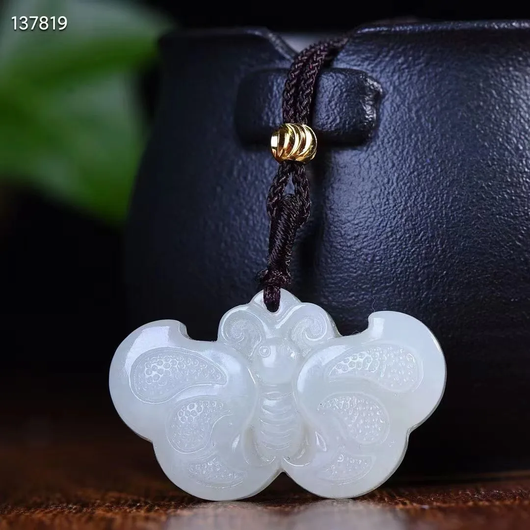 

Natural 100% real white hetian jade carve butterfly jade pendant Bless peace necklace jewellery for men women gifts luck jade