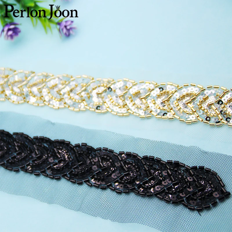 5 Yards Braid Shape Sequin Black Gold Glass Beaded Imitation Handmade Mesh Lace Trim DIY Sew Decorated for Clothing Dress HB090