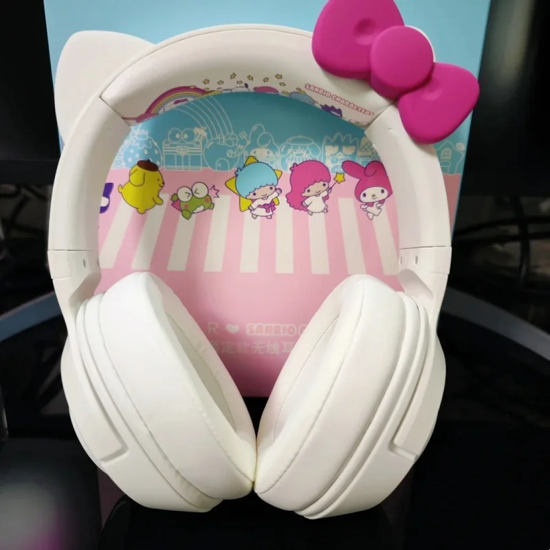 Hello Kitty Genuine Luminous Headphones Headset Wireless Bluetooth Cat Headset Trendy Music Phone Computer Microp Kawaii Gift