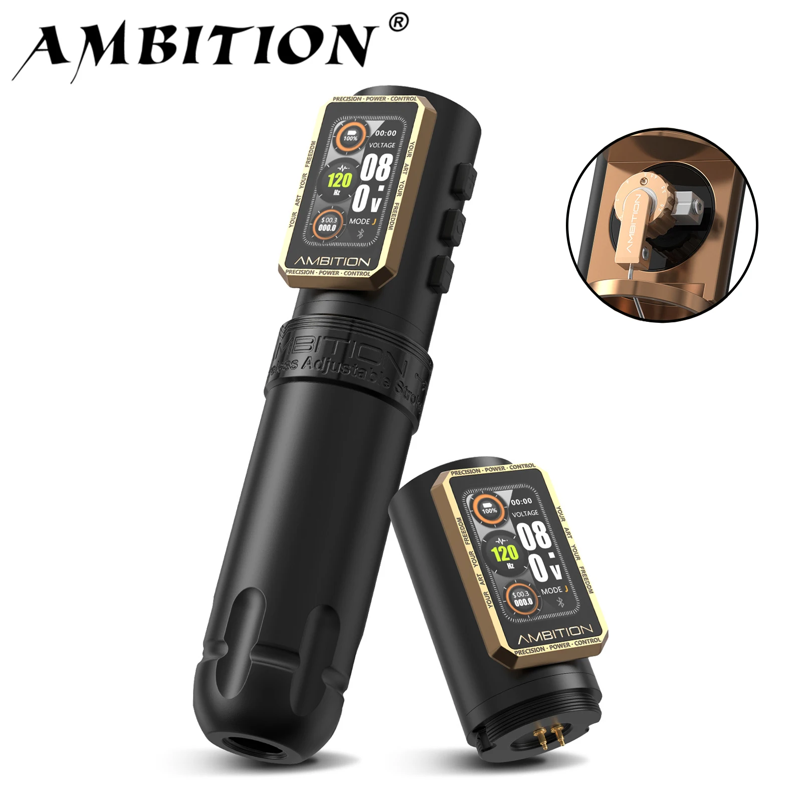 Ambition Epoch Coreless Motor Wireless Tattoo Machine Stroke 1.0-5.0mm Direct Drive Adjustable 2400mAh Battery 34+42mm Grip Art