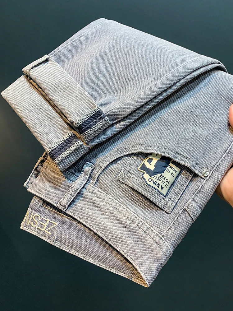Light-Colored Jeans Men's Embroidered Washed Smoky Gray Casual Pants Fashion Brand Slim Fit Straight All-Matching Trousers