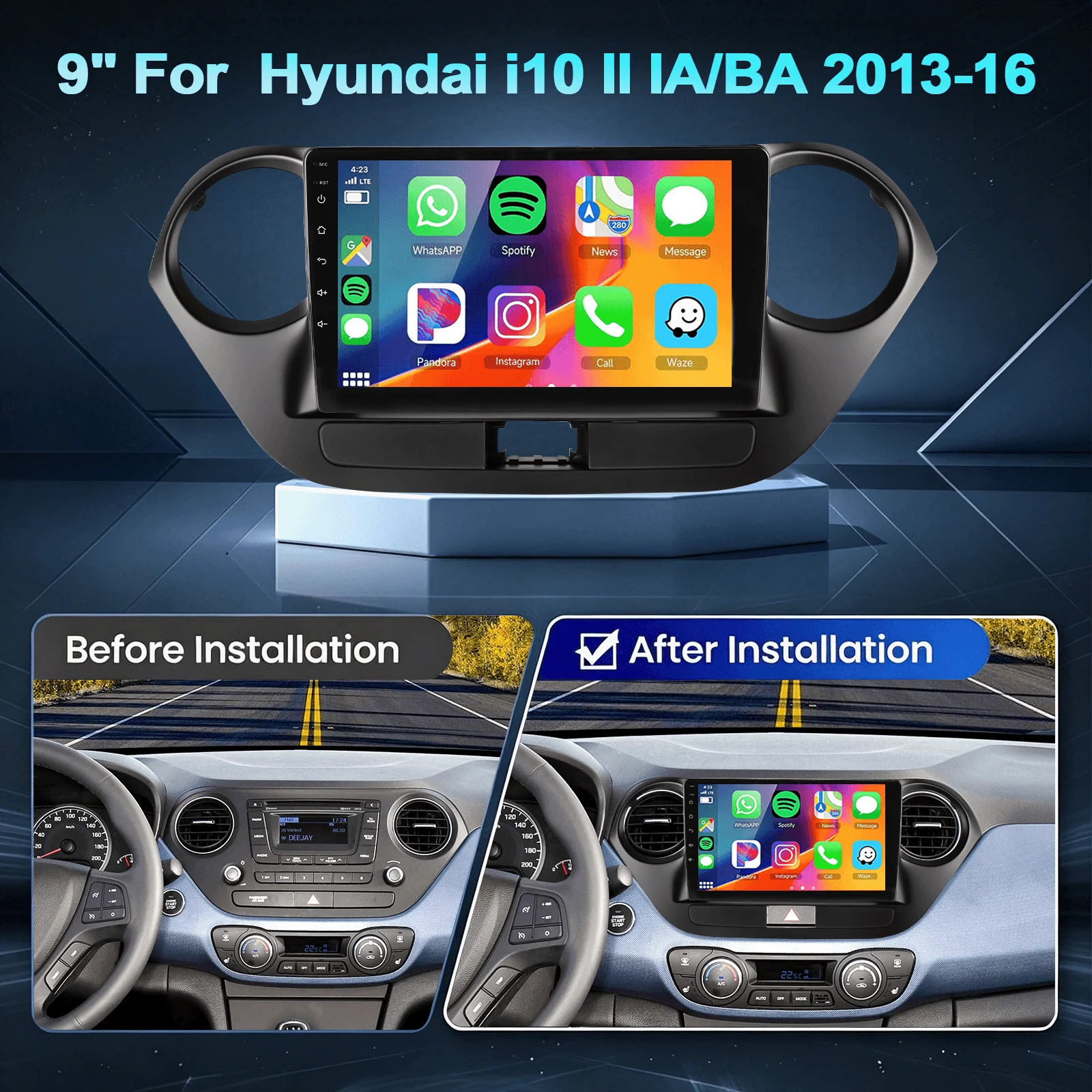ESSGOO 9-Zoll Android 15 4+64G Autoradio für Hyundai i10 II IA/BA 2013-2016 mit GPS-Navigation, kabellosem Carplay, Android Auto, FM, Bluetooth, RDS, SWC, Wifi, ASP, Mirror Link, IPS-Touchscreen und
